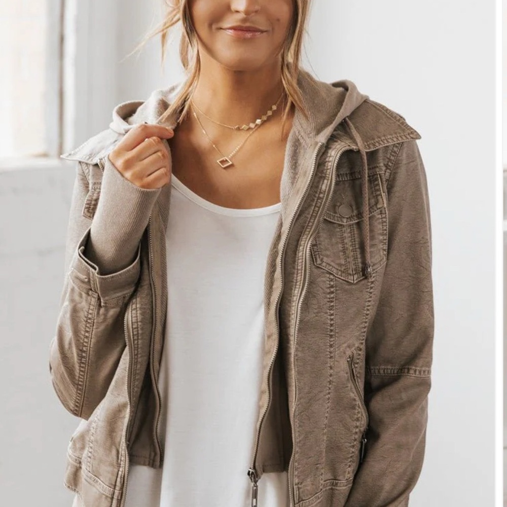 Hooded sweatshirt vegan leather jacket